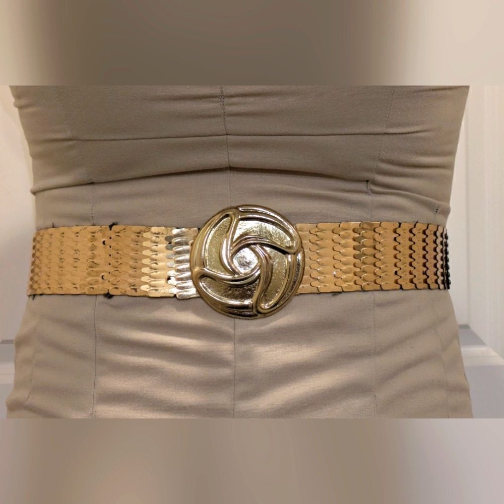 3/$30 Iconic 80s Vintage Gold Metal Scale Stretch Belt